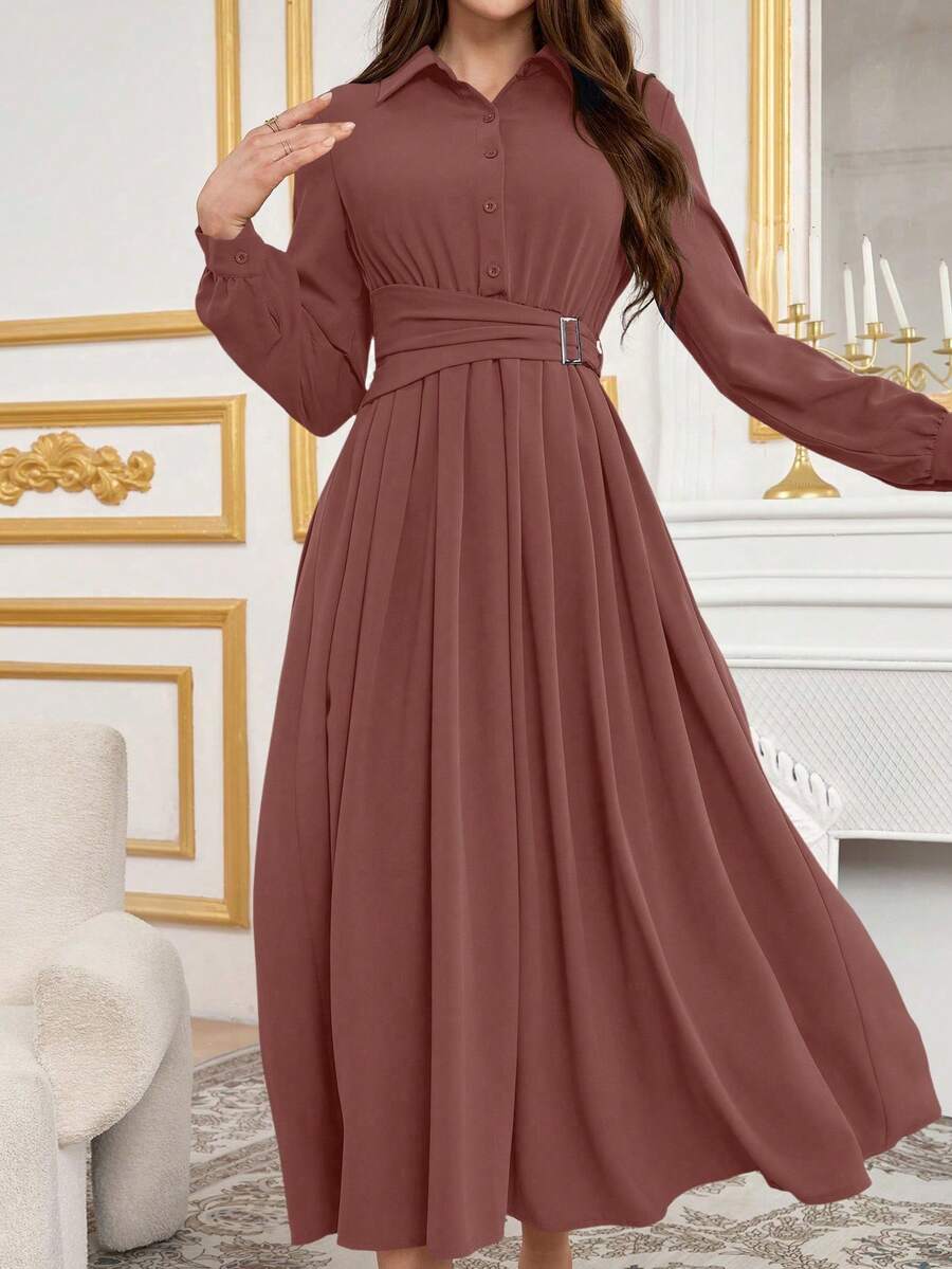 Modelyn 简约前扣系带领长袖端庄连衣裙长款晚礼服 - 粉色 - 查看 1