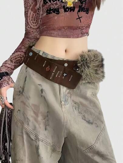 Goth 1pc Camel Y2K Fuzzy Patchwork Button Adjustable Design Waist Belt, Versatile Accessory Suitable For Daily, Vacation, Party Wear