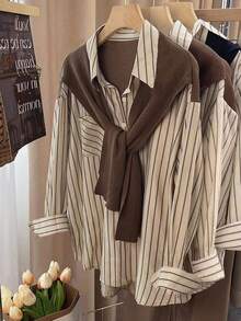 Resyla Blouse ample à manches dolman rayée 2 en 1 pour femmes grandes tailles, idéale pour le quotidien, les déplacements et les vacances, printemps/automne