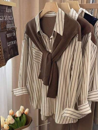 INAWLY 大码女式休闲日常通勤度假条纹印花宽松落肩两件套衬衫，春秋季