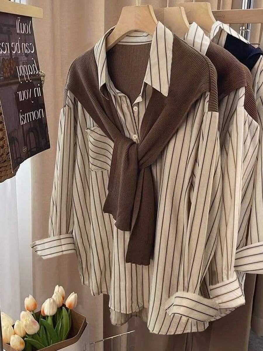 Resyla Blouse ample à manches dolman rayée 2 en 1 pour femmes grandes tailles, idéale pour le quotidien, les déplacements et les vacances, printemps/automne