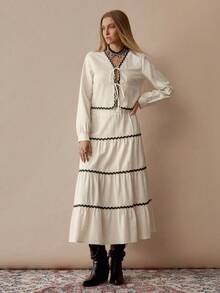 Florisole Completo casual in cotone da donna composto da cardigan con scollo a V e balze a contrasto e gonna lunga asimmetrica, adatto per il ritorno a scuola in inverno - Albicocca - Visualizzare 4