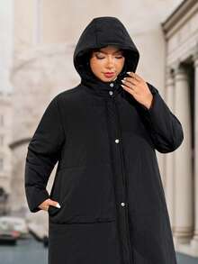 Enliva Melanieangelese 加大码女式长款连帽长袖夹克，冬季保暖外套，适合苹果型身材 - 黑色 - 查看 5