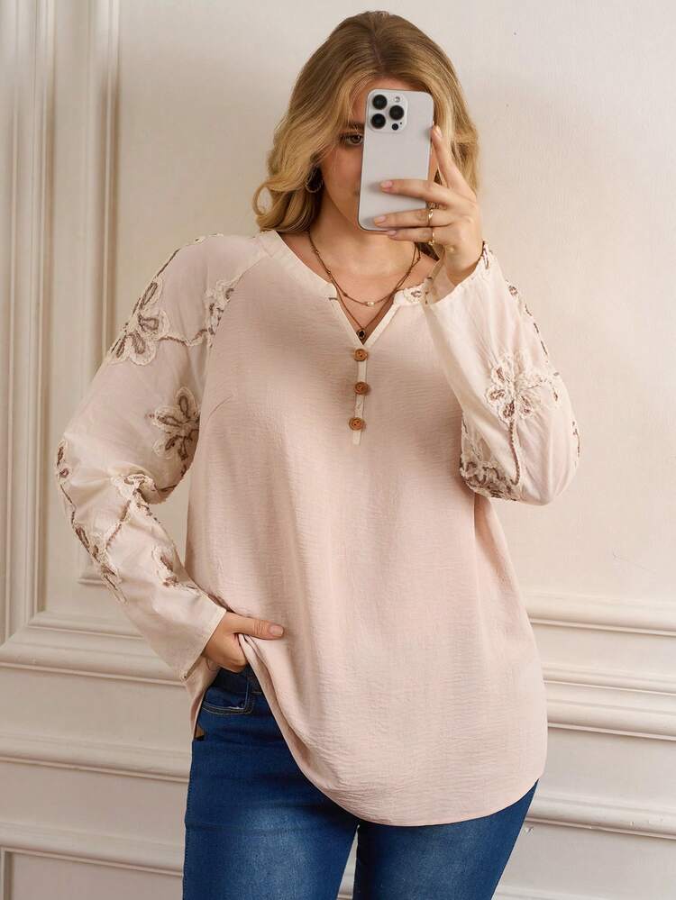 Plus Size Casual Applique Raglan Sleeve Shirt, Autumn Women Blouses Long Sleeve Cream Blouse  Women Dresses Autumn Winter  Stylish Clothing Collection Elegant Party Clothes For New Year Christmas Clothes For Women  Winter Clothes For Women