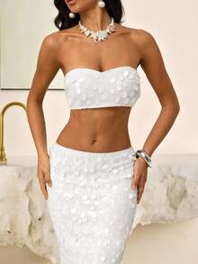 Vowa Modisch, sexy, avantgardistisch, mini, mesh, glänzend, weißes Pailletten-Gewebe, trägerlos, rückenfreie Bindung, Fischschwanz-Saum, schleppend, geeignet für Nachtclub, Party, Urlaub, Cocktailkleid