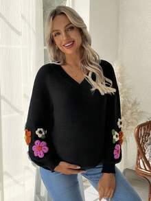 SHEIN Pregnant Women's Fashion Casual 3D Floral V-Neck Long Sleeve Sweater - Black - View 5