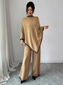 Elenzga Women's Casual Loose Poncho Design Top And Loose Contrast Color Pants Knit Two Pieces Set - Khaki - View 6