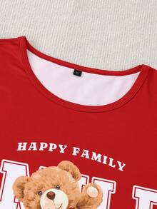 Conjunto de ropa de estar en casa informal para hombres con parte superior de manga corta con estampado de oso y letras, combinada con pantalones clásicos a cuadros rojos - Rojo - Ver 5