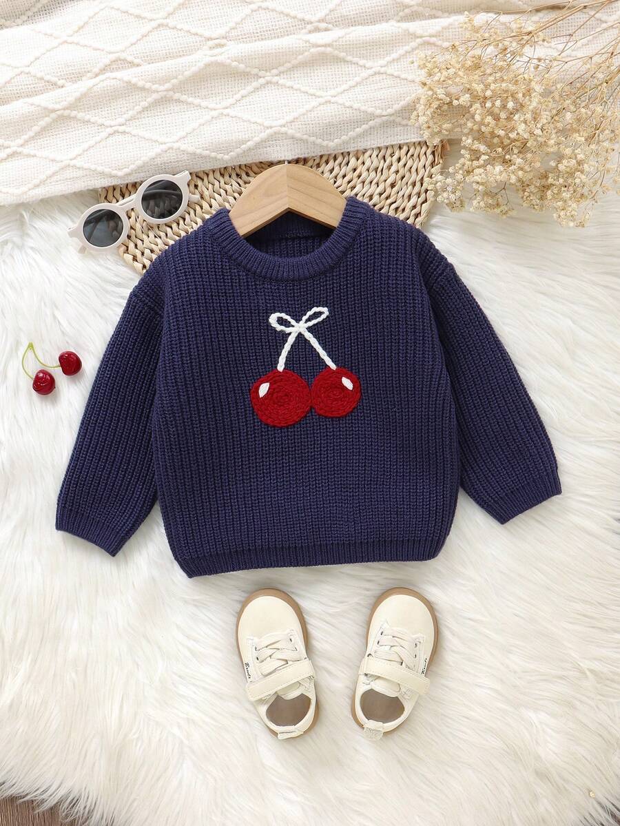 SHEIN Vintaside Kids 1 件女婴圆领长袖毛衣，精致樱桃刺绣，柔软舒适，甜美上衣 - 寶藍色 - 查看 1