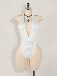 SHEIN ICON Rhinestone Embellished Deep V-Neck Halter High Slit Backless Bodysuit For Women - White - View 3
