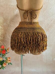 Soleia Fringe Knit Micro Mini Skirt Low Rise Sexy Holiday Ibiza Rave Boho Vacation Escapade Fall Night Out Autumn Winter Techno - Brown - View 6