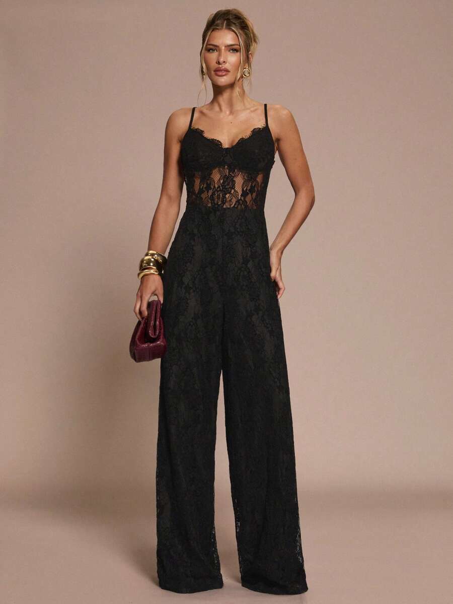 SHEIN BAE 女式时尚纯色蕾丝细肩带连体裤,夏季 - 黑色 - 查看 1