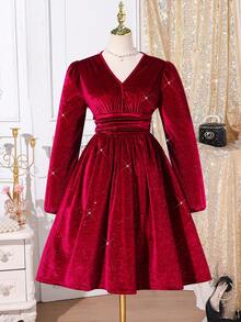 Teen Girl Glossy French Elegant V-Neck Waist Cinched Dress, Suitable For Dates, Outings, And Parties, Spring/Autumn