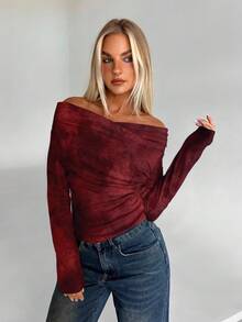 Aloruh 1 buah Kaos Lengan Panjang Wanita Kasual Motif Tie Dye dengan Bahu Terbuka, Cocok untuk Musim Semi dan Musim Gugur - Burgundy - View 5