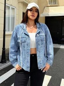Jeanoix Áo khoác denim có mũ trùm đầu, cài nút phía trước, cỡ lớn, mùa thu - Màu xanh lam - Xem 5