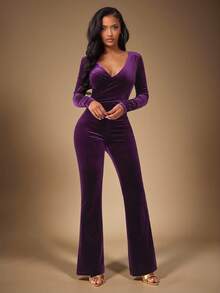 Radiana Sexy & Elegant Purple Velvet Fitted Long Sleeve Jumpsuit, Flared Leg, Suitable For Daily Wear, Gatherings, Parties, Dates, Nightclubs, Autumn/Winter - Purple - View 1