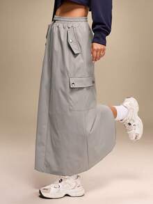 Hanevo 女式休闲工装口袋松紧腰长裙，秋冬