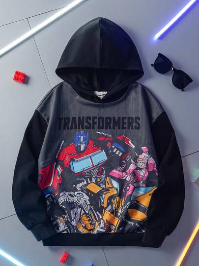 Transformers X SHEIN 青少年男童休闲撞色机器人印花卫衣，秋季