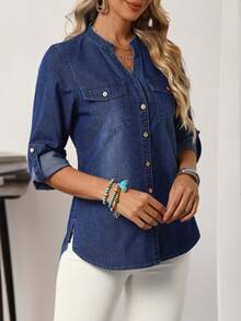 EMERY ROSE Women's Casual Notch Collar Denim Blouse, Autumn - Dark Wash - View 4