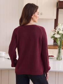EMERY ROSE Elegant Burgundy Raglan Sleeve Solid Color V-Neck Long Sleeve Knit Pullover Sweater, Suitable For Commuting In Autumn/Winter - Burgundy - View 2
