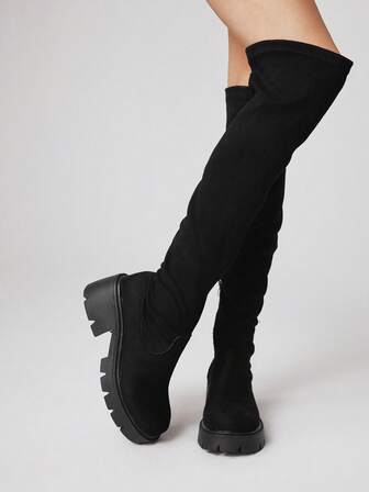 Goth Women's Fashion Over The Knee Boots Comfortable Round Toe Chunky Block Heels Thigh High Fall Boots With Adjustable Drawstring And Side Zipper