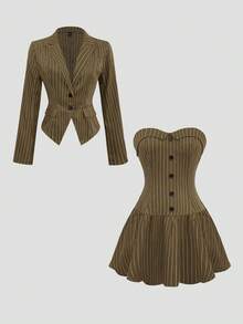 Sweetra 女士休闲条纹无袖迷你连衣裙和长袖西装外套套装，通勤风格，秋季 - 綠色 - 查看 1