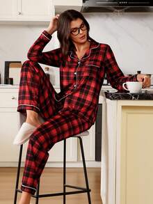 SHEIN Women's Casual Red Plaid Print Long Sleeve Top & Pants Pajama Set With Collar Fall Winter Clothes, Christmas - Multicolor - View 4