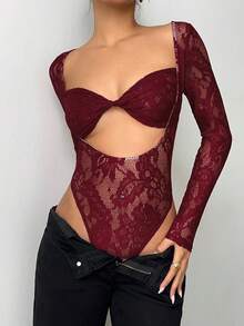 Aloruh Women's Sexy Crop Top Sheer Bodysuit - Burgundy - View 4