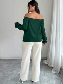 Elenzga Plus Size Solid Color Bow Decor Elegant Long Sleeve Shirt Fall - Dark Green - View 2