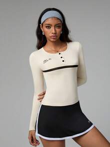 Dewbera Lässiges Kontrast-Streifen-Langarm-Athletik-T-Shirt, Damen Kompressionsshirt mit Langarm, Damen Langarm-Oberteil, Enges Hemd mit Knopfleiste und Langarm