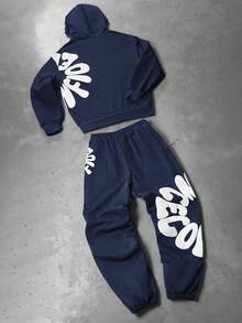 PAVTROS Men's Letter Print Long Sleeve Hoodie And Drawstring Waist Sweatpants Set Mens Sweat Suit Set Mens Jogger Set 2 Piece Set Men Street - Navy Blue - View 2