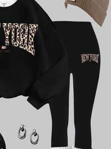 Slaydiva 豹纹纽约英伦图案加大码卫衣和紧身裤两件套，适合秋冬季