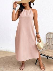 SHEIN Frenchy 大码女式露背挂脖系带开叉海滩度假夏威夷连衣裙