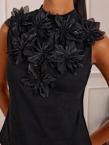 Lilora 女式纯色休闲 3D 花卉装饰无袖上衣 黑色花卉上衣 黑色 3D 花卉装饰上衣 黑色无袖上衣 黑色上衣 黑色 3D 花卉上衣 优雅黑色上衣 女士黑色上衣 女士冬季服装 高端、精致、优雅 - 黑色 - 查看 1