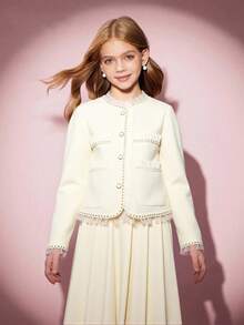 Tween 女童网眼撞色夹克百褶裙 2 件套，时尚派对必备