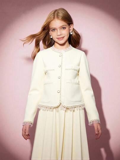 Tween 女童网眼撞色夹克百褶裙 2 件套，时尚派对必备