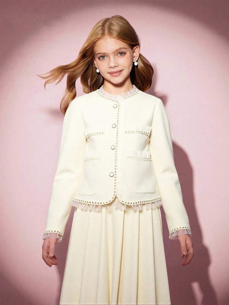 Tween 女童网眼撞色夹克百褶裙 2 件套，时尚派对必备