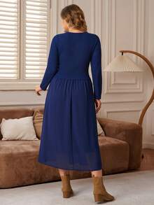 Rosumi Plus Size Solid Color Long Sleeve Casual Dress,Autumn Women Elegant Formal Navy Blue Party Dresses For New Year Christmas Winter Clothing Collection - Blue - View 2