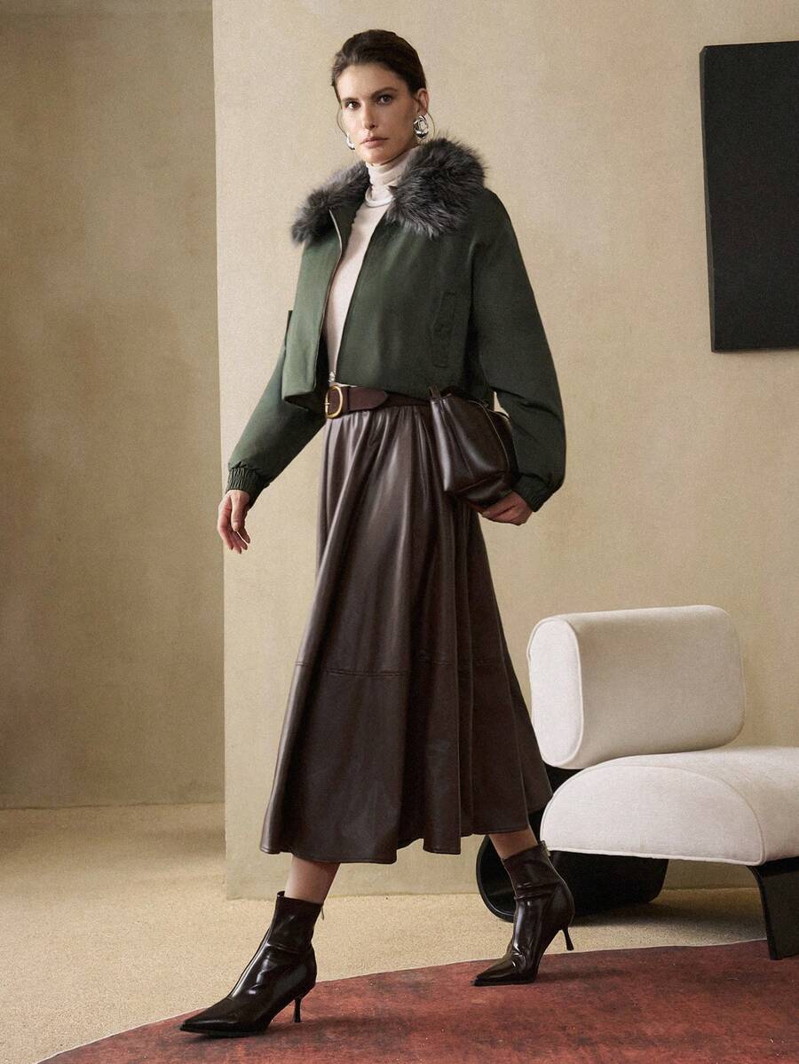 EMERY ROSE Women's Short Quilted Detachable Fur Collar Design Slanted Pockets Daily Commuting Cotton Jacket Winter Daily Commuting Autumn Jacket - Army Green - View 1