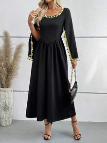 SHEIN Elegant Muslim Women's A-Line Maxi Dress With Cinched Waist And Gold Accents - Black - View 7
