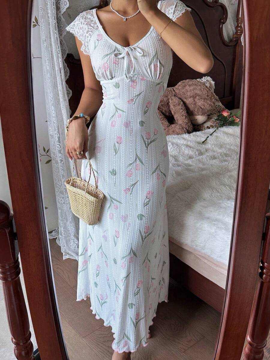 CottageSlumber Tulip Pattern Cuff Lace Trim Comfortable Casual Women Nightgown - White - View 1