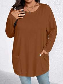 EMERY ROSE 大码纯色圆领落肩休闲宽松T恤 - 珊瑚橙 - 查看 6