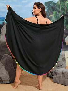 Swim Lushoire Summer Beach Plus Pom Pom Trim Wrap Hem Cami Cover Up Dress - Black - View 2