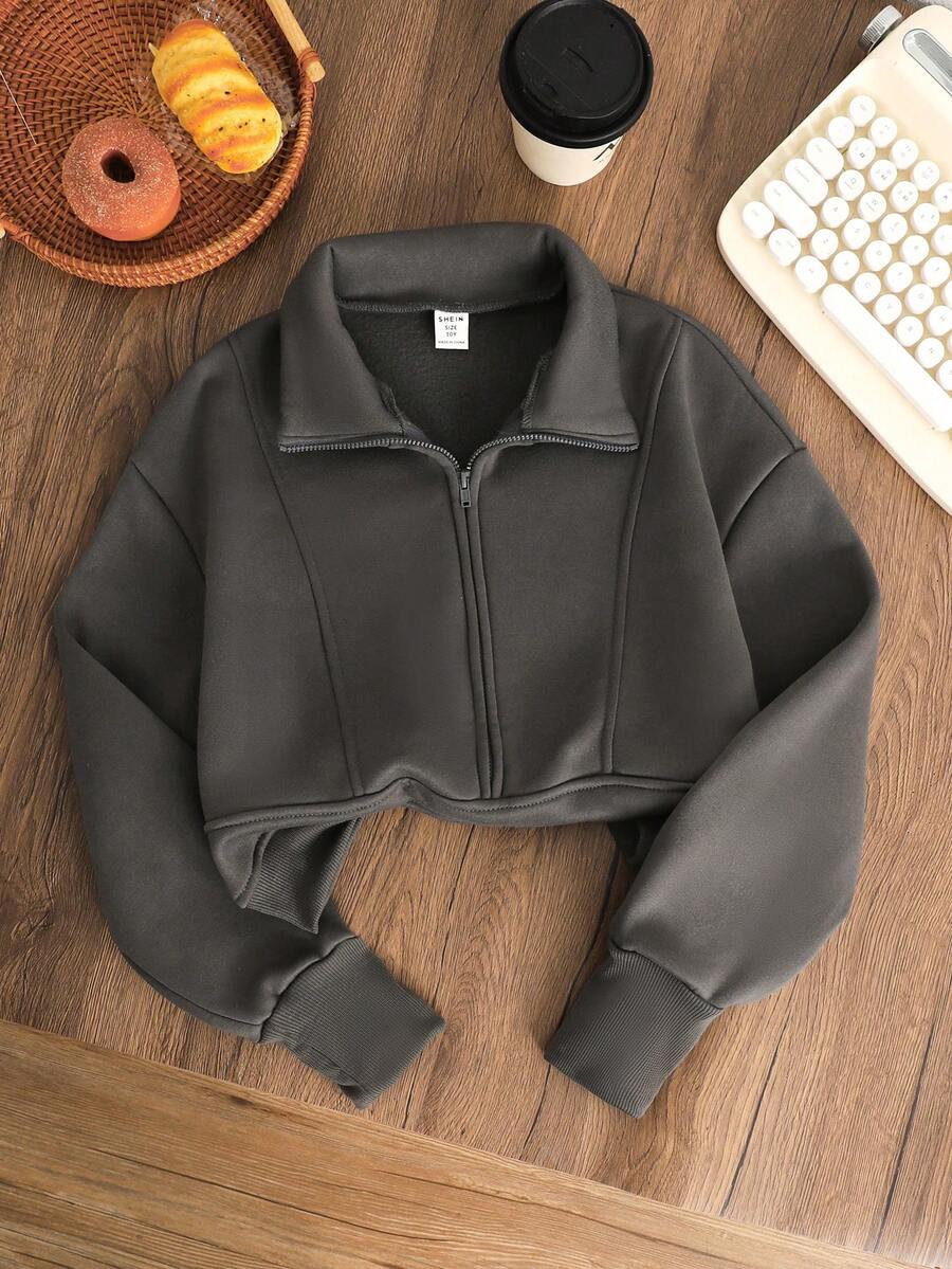 SHEIN 少女款前拉链长袖简约短款卫衣,休闲日常穿着,毕业季长袖上衣,返校季必备 - 深灰色 - 查看 1