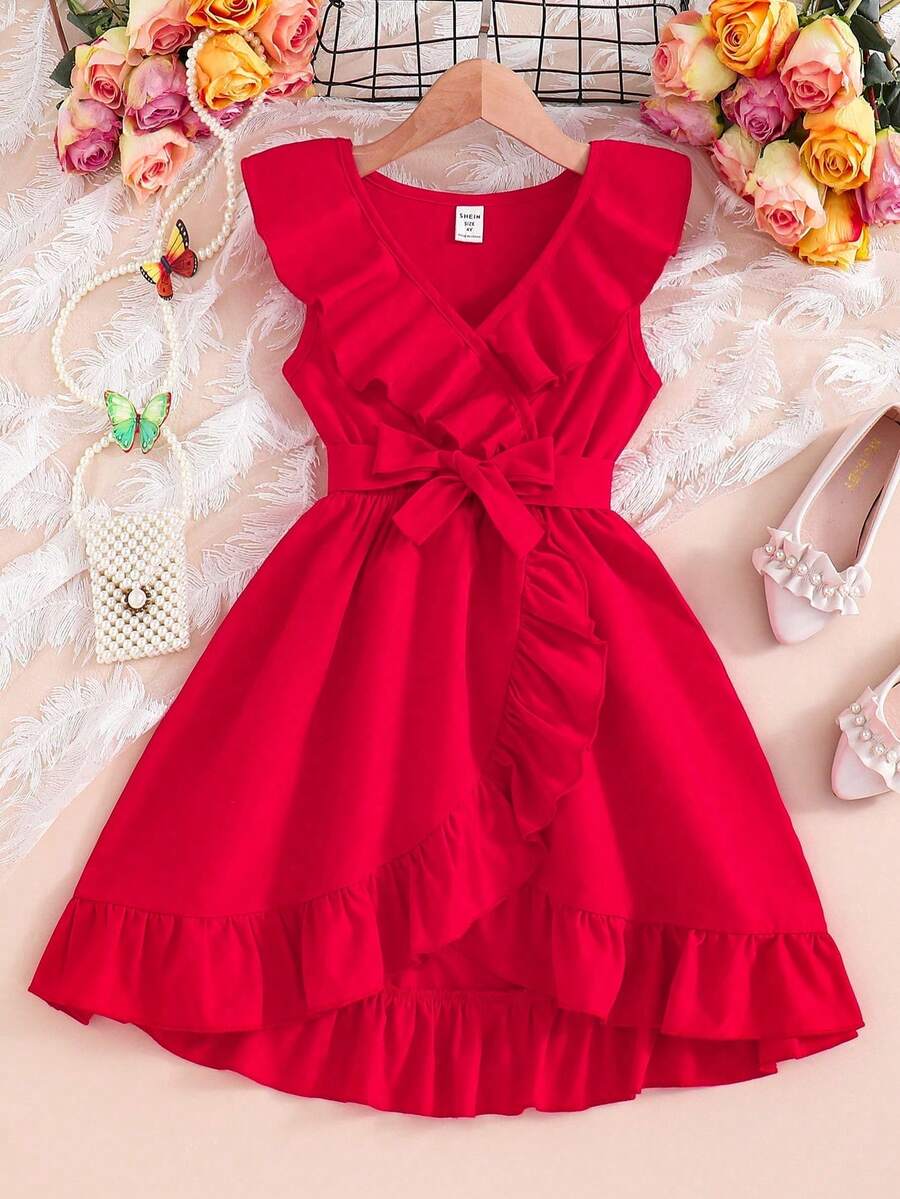 Elladie kids Vestido de princesa con volantes y dobladillo asimétrico para niña, color rojo dopamina, Día del Niño mexicano - Rojo - Ver 1