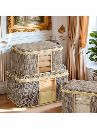 Fabric Zippered Storage Bags With Two Specifications Available, Thick And Breathable, Large Quilt Storage Bag For Sheets, Blankets, Bedding, Pillows, Clothes, Two Handles, Clear Front Pocket, Neutral Geometric Pattern, Compact And Spacious Design, Geometric Pattern Bag For Home Organization Sturdy Zipper Closure, Clothes Storage Holder