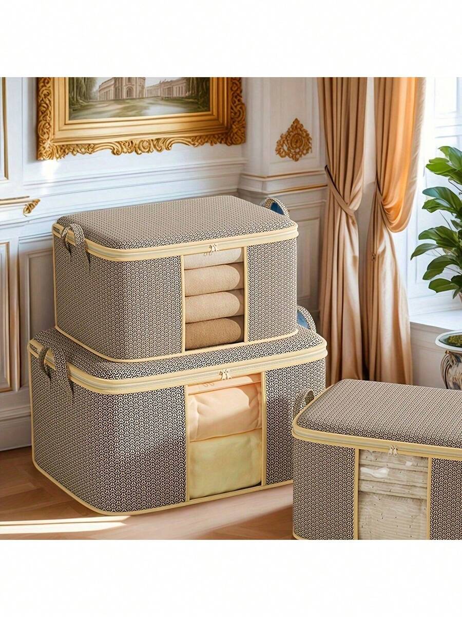 Fabric Zippered Storage Bags With Two Specifications Available, Thick And Breathable, Large Quilt Storage Bag For Sheets, Blankets, Bedding, Pillows, Clothes, Two Handles, Clear Front Pocket, Neutral Geometric Pattern, Compact And Spacious Design, Geometric Pattern Bag For Home Organization Sturdy Zipper Closure, Clothes Storage Holder - Multicolor - View 1