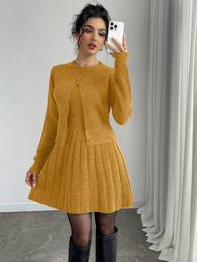 Elenzga 2pcs Women's Autumn Simple Solid Color Button Front Cardigan And Sweater Dress Set - Yellow - View 6