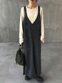 FRIFUL 女式时尚纯色V领无袖宽松长款休闲牛仔连衣裙 - 深灰色 - 查看 2