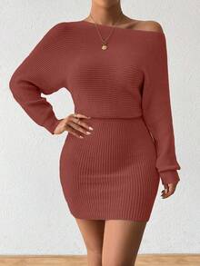 Elenzga Autumn/Winter New Solid Color Cinched Waist Bodycon Knit Dress - Redwood - View 6
